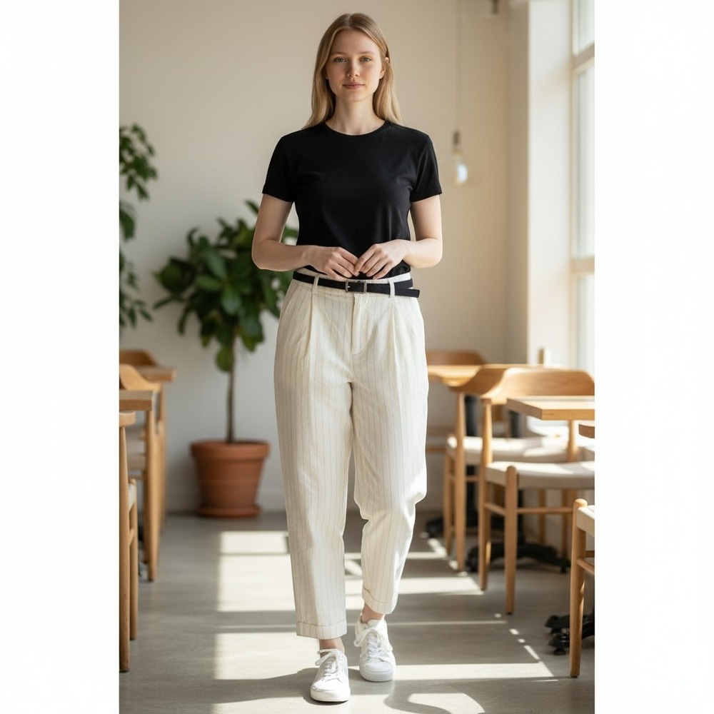 Zara Women White Pinstripe Pleated Trousers High Waist Tapered Pants Size L NWT